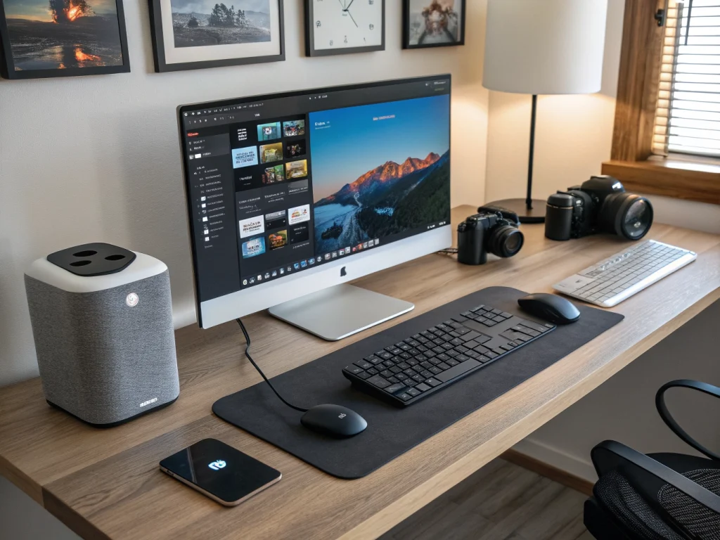 Escritorio de madera con un monitor, un altavoz inteligente, una cámara y una alfombrilla grande