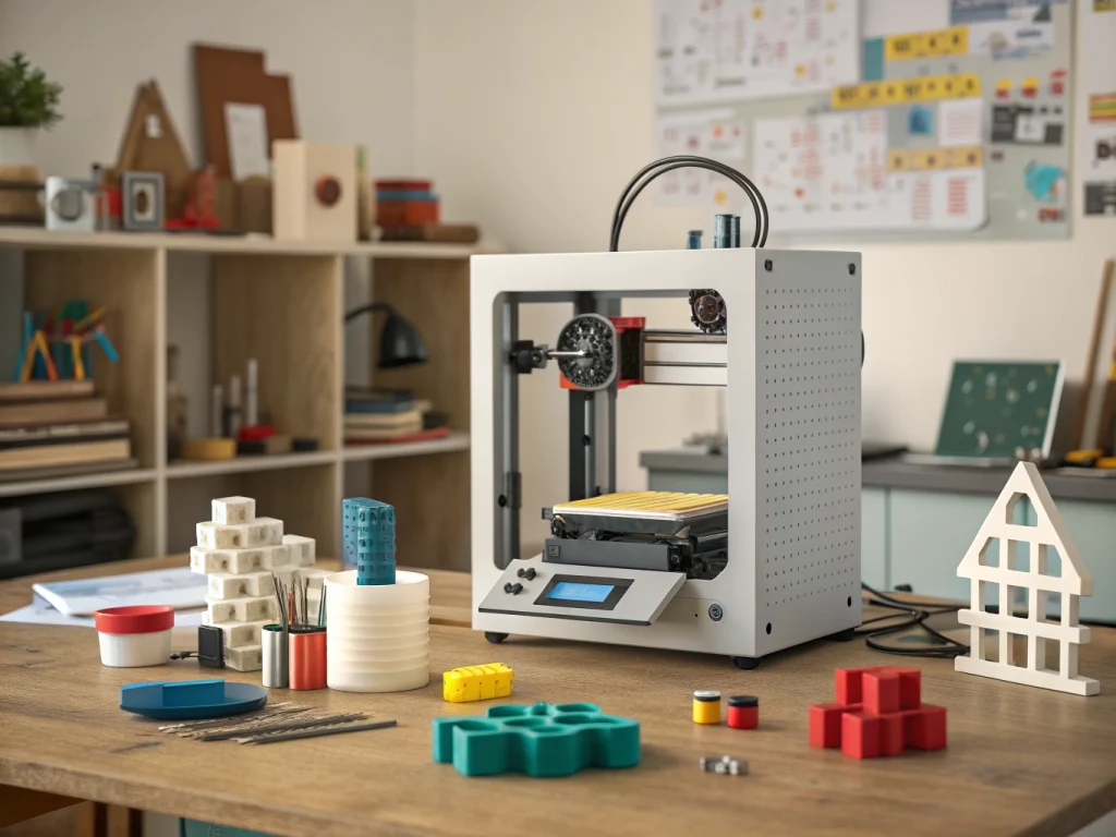Impresora 3D de filamento sobre una mesa de taller, rodeada de piezas impresas y bobinas de material
