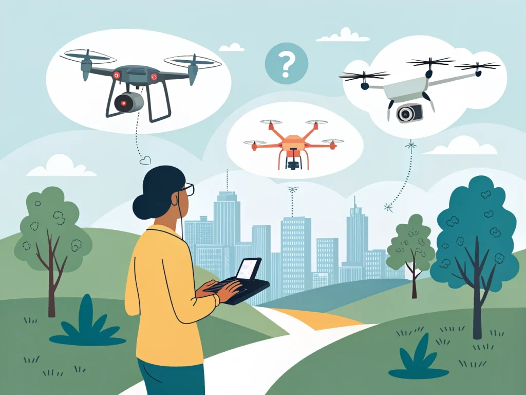 Ilustración de una persona pilotando un dron en un parque, con varios modelos de dron representados alrededor