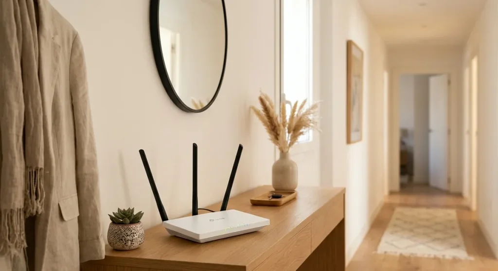 Router doméstico blanco con antenas, colocado sobre un mueble alto y despejado en el recibidor de una vivienda