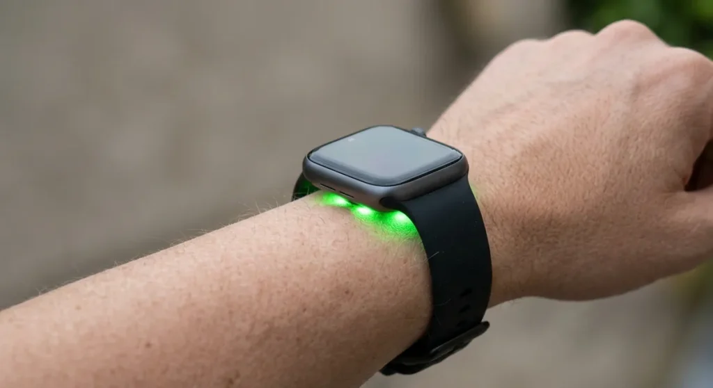 Primer plano de una muñeca con un reloj inteligente, con las luces verdes del sensor óptico visibles contra la piel