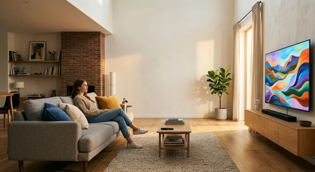 Salón con un televisor grande encendido y un sofá enfrente, a varios metros de distancia de la pantalla